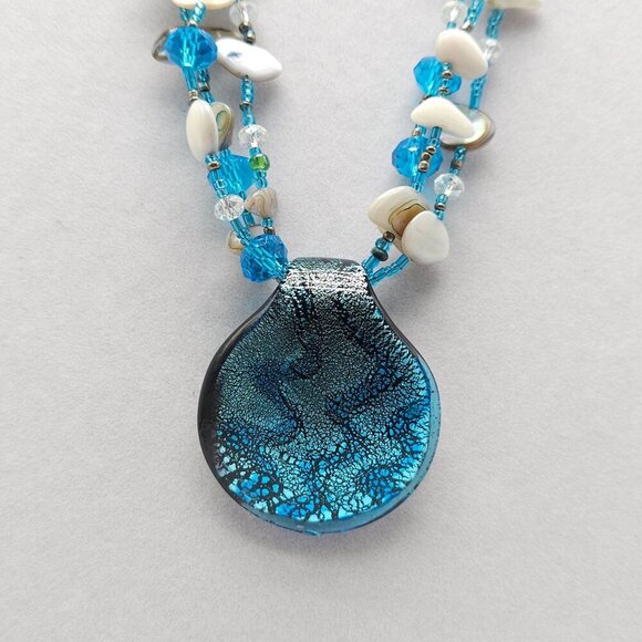 Handcrafted Blue Glass Pendant Necklace Beads Shell Accents By Cookie Johnson - Picture 2 of 6